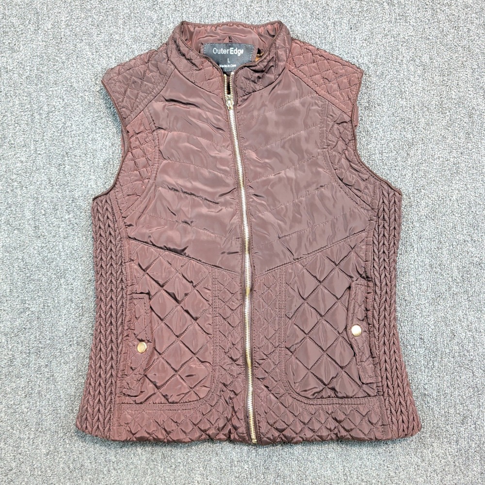 OuterEdge Mob Wife Quilted Puffer Vest L Brown Leopard Faux Fur Lined Sleeveless